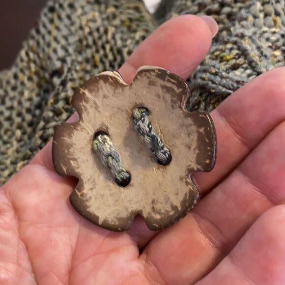 BCBGMAXAZRIA Olive Green Tweed Sweater Wooden Buttons L - Picture 6 of 6